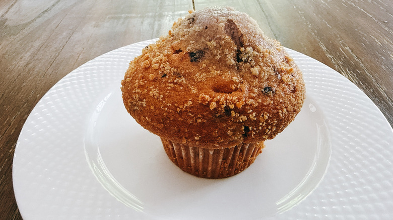 Publix blueberry muffin on white plate on wooden table