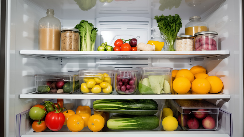 Various fruits and vegetables on refrigerator shelves