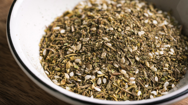 Close-up view of zaatar seasoning in a bowl