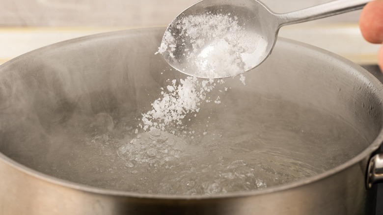 Salt being poured into a metal pot of boiling water with a spoon