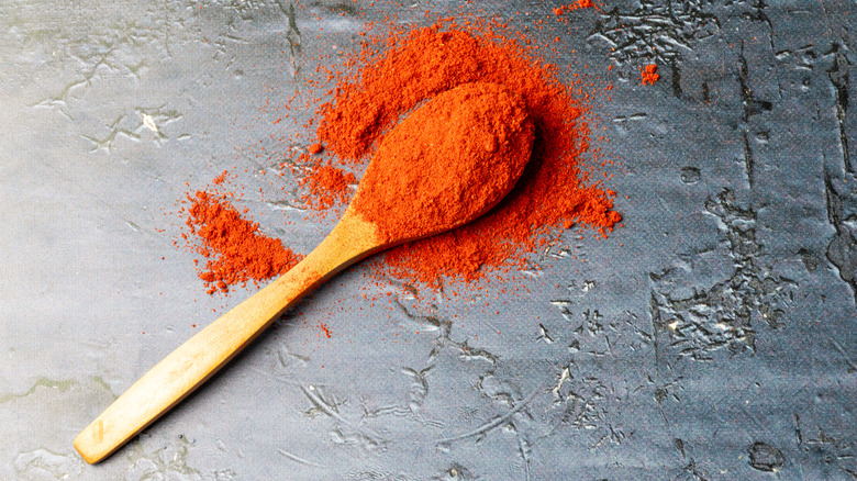 Red paprika powder on a wooden spoon