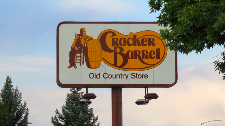 A photo of an interstate sign advertising Cracker Barrel.