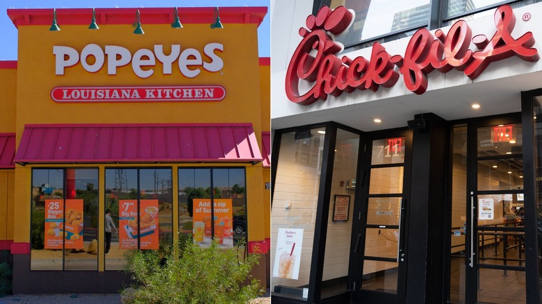 Split image of a Popeyes restaurant and a Chick-fil-A restaurant