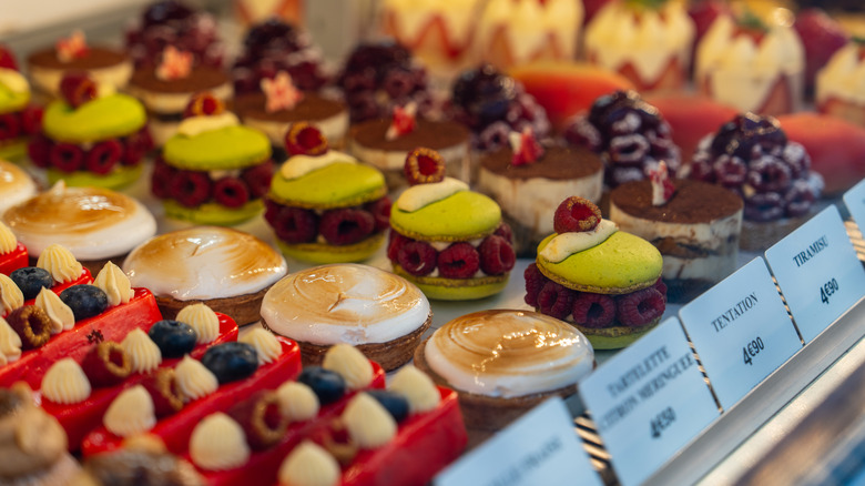 Close-up shot of a display filled with assorted pastries