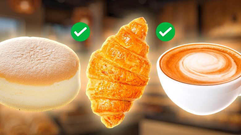 A composite image of two pastries and a cup of coffee against a blurred backdrop