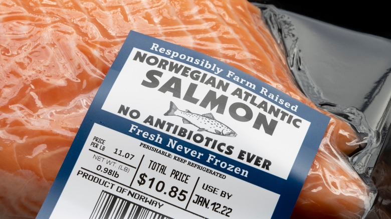 packaged and labeled Norwegian salmon with use by date