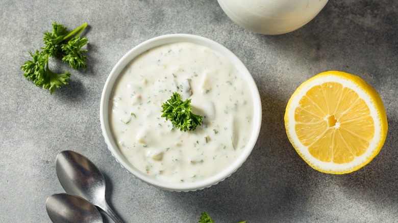 Tartar sauce in white bowl