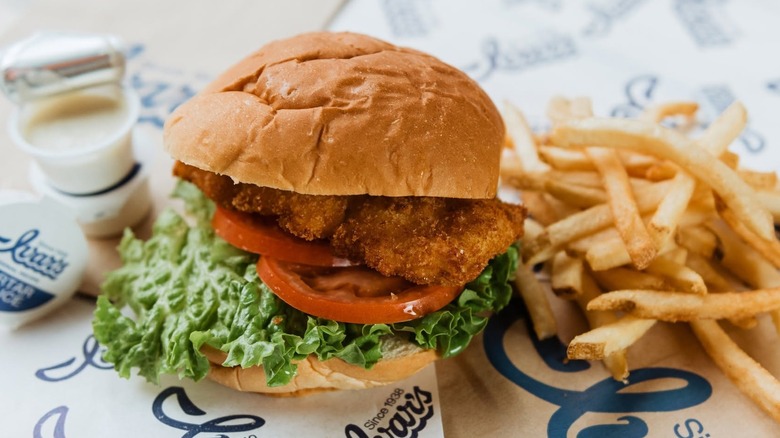 Fish sandwih from Ivar's, with fries.