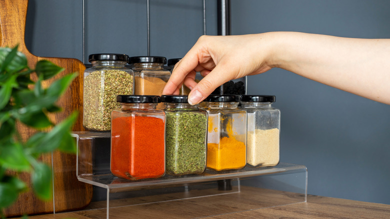 Jars of herbs and spices in the kitchen
