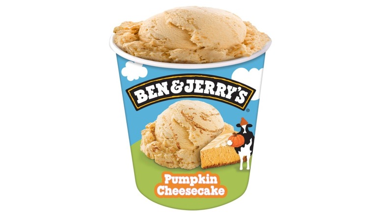 One pint of Ben & Jerry's Pumpkin Cheesecake ice cream on a white background.