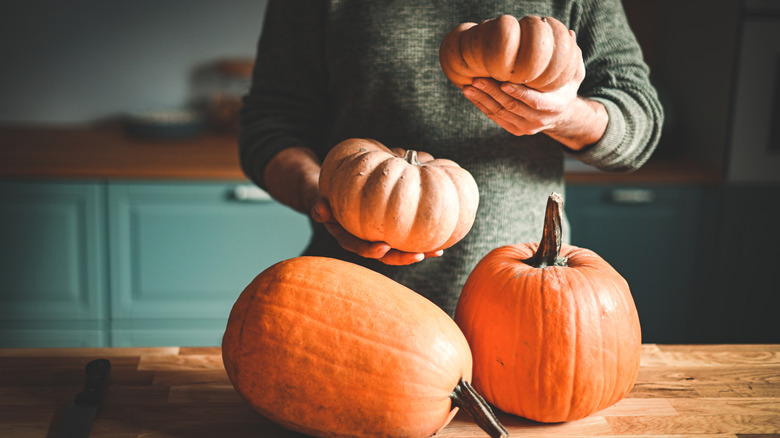Person holding pumpkins