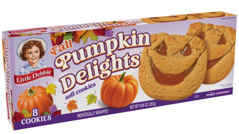 Box of Little Debbie Pumpkin Delights cookies on a white background.