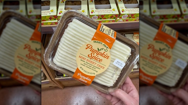 Hand holding Trader Joe's Pumpkin Spice Mini Sheet Cake in the store.