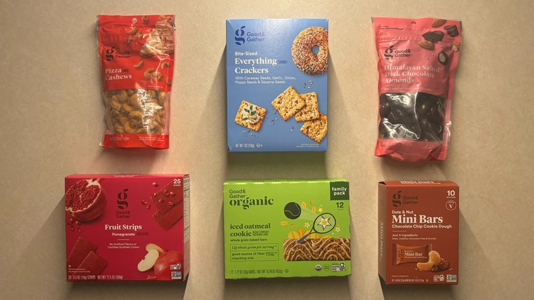 Six packets of Good & Gather snacks laid on the counter