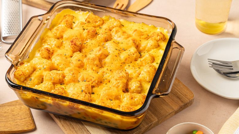 Cheesy tater tot casserole in a dish