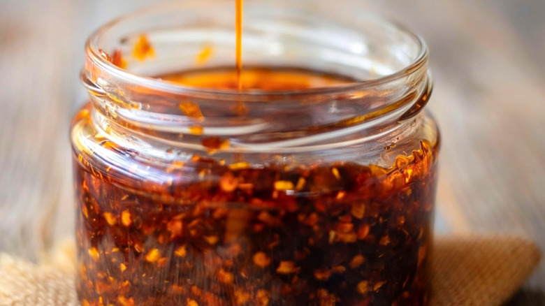 Chili oil in a glass bottle