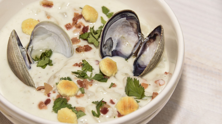 Clam chowder in a white bowl