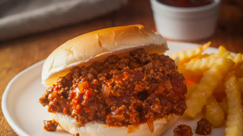 A sloppy Joe sandwich on a white plate