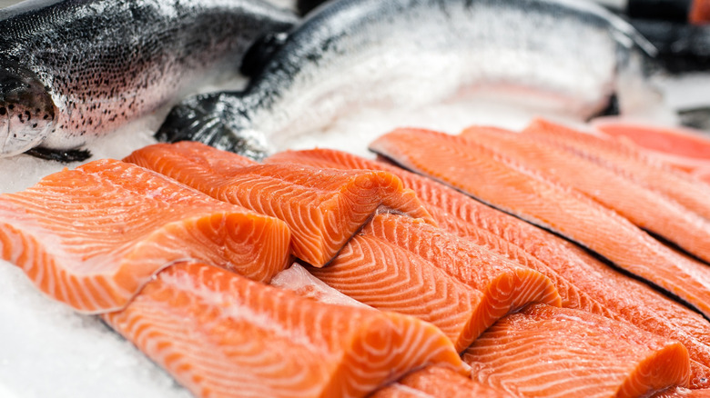 Fresh-cut salmon fillets and whole fish on ice