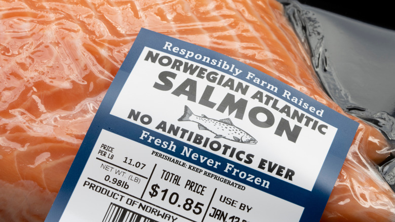 Packaged salmon with label about responsible farming
