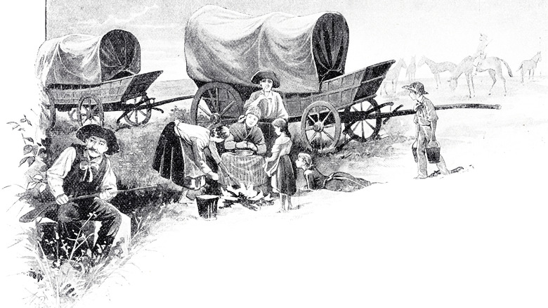 Illustration of a wagon party of pioneers