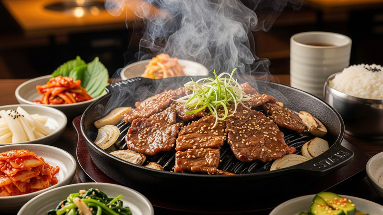 Korean BBQ beef surrounded by banchan side dishes