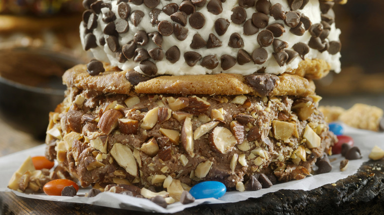 two cookie ice cream sandwiches with mini chocolate chips and sliced almonds
