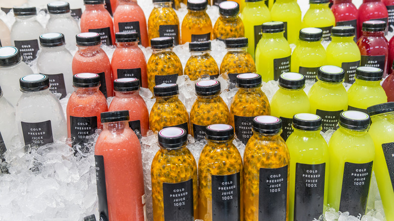 A display of cold-pressed juice for sale