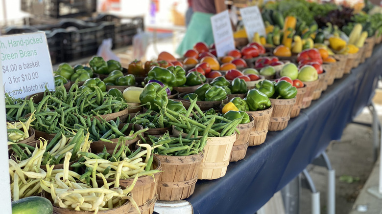 Produce in baskets at a farmers market
