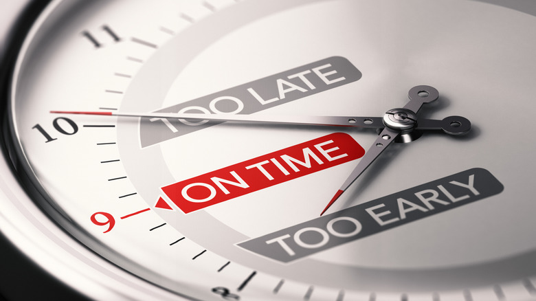 Close up on a conceptual clock with the text early late and on time.