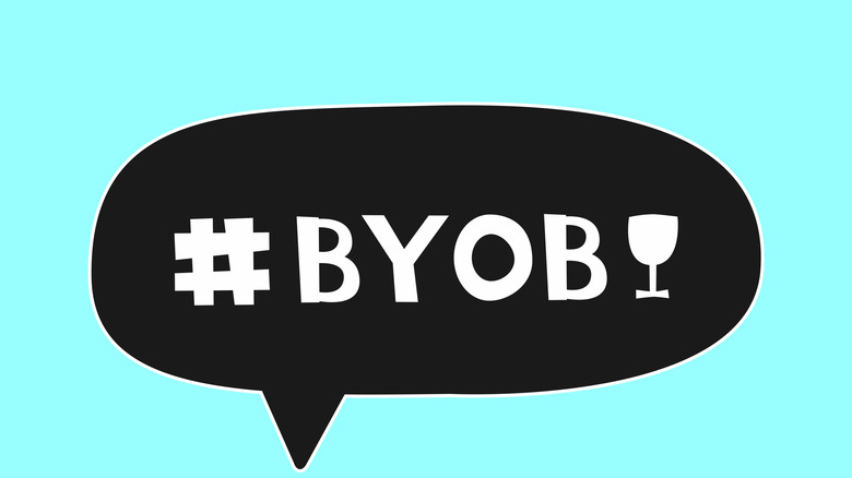 A graphic of a speech bubble with hashtag BYOB and silhouette of a wine glass