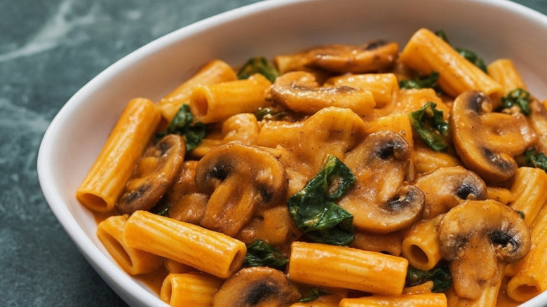 pasta in a marinara sauce with mushrooms and leafy greens