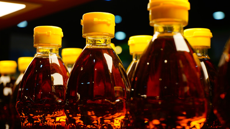 Bottle of fish sauce with yellow caps