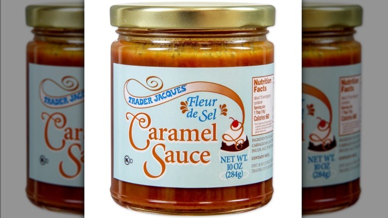 Jar of Trader Joe's Fleur de Sel Caramel Sauce on white background