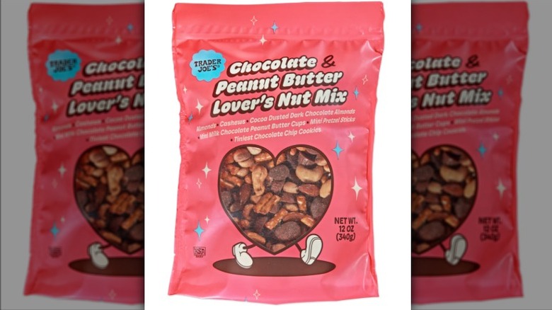 Bag of Trader Joe's Chocolate and Peanut Butter Lover's Nut Mix on white background