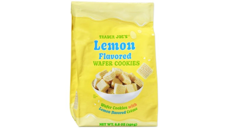 Bag of Trader Joe's Lemon Flavored Wafer Cookies on white background