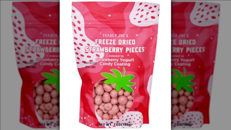 Bag of Trader Joe's Freeze Dried Strawberry Pieces on white background
