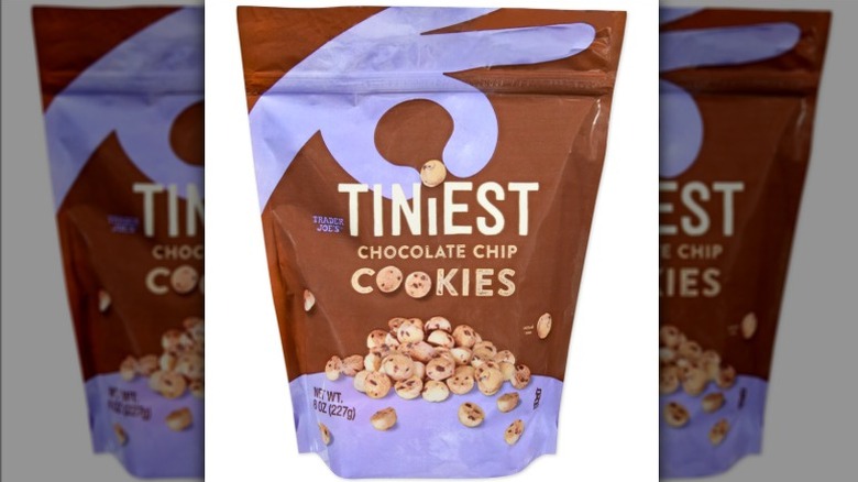 Bag of Trader Joe's Tiniest Chocolate Chip Cookies on white background