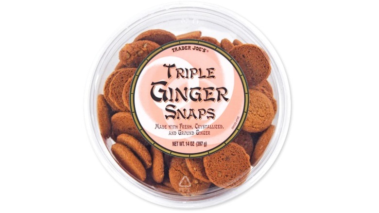 Top view of plastic container of Triple Ginger Snaps from Trader Joe's on white background