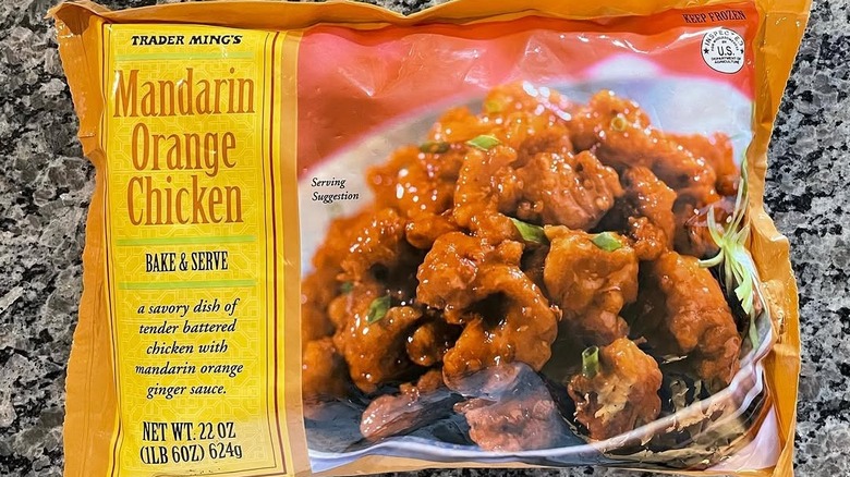 Package of Mandarin orange chicken from Trader Joe's on a countertop