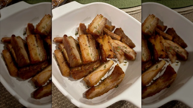 Trader Joe's pork belly, cooked, on a plate