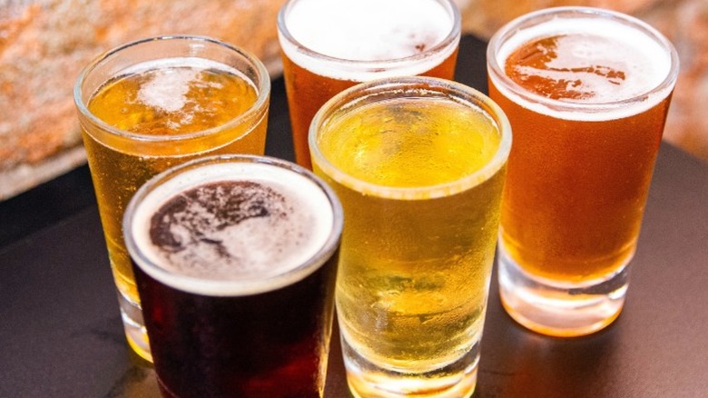 5 glasses of beer in darker and lighter hues