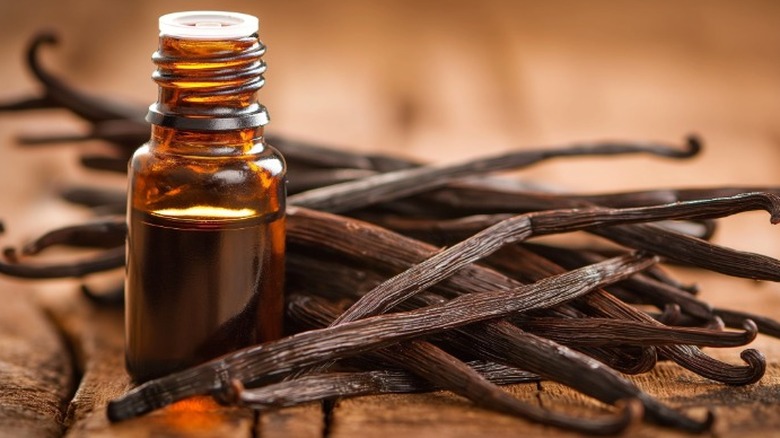 a small bottle of vanilla extract next to a pile of vanilla bean pods
