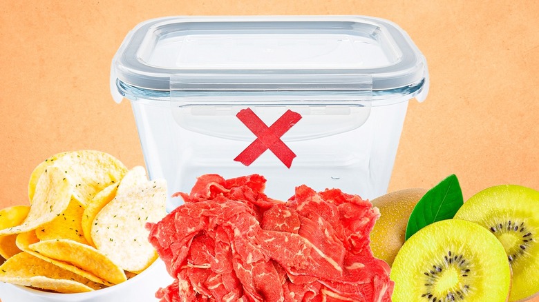 A plastic container with a red x over it with chips, meat, and kiwis in front of it
