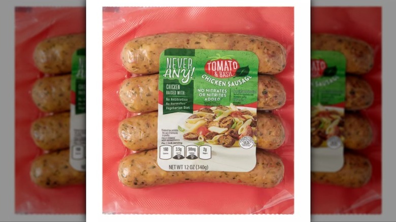 package of Never Any! tomato and basil chicken sausage