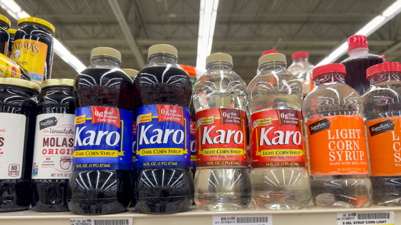 Karo corn syrup bottles on shelf