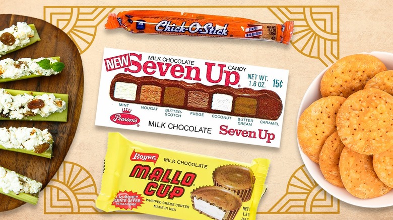 a plate of stuffed celery sticks, a chick-o-stick candy package, seven up chocolate bar wrapper, mallo cup package, and plate of round crackers over a tan background
