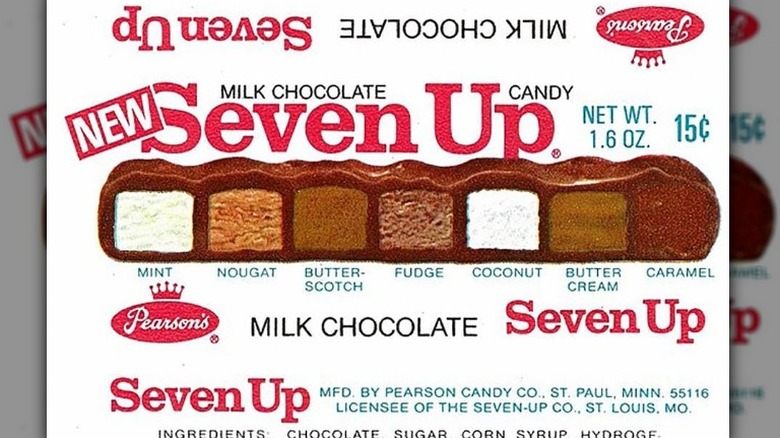 a seven up bar package showing a cross section of the chocolate bar with seven fillings
