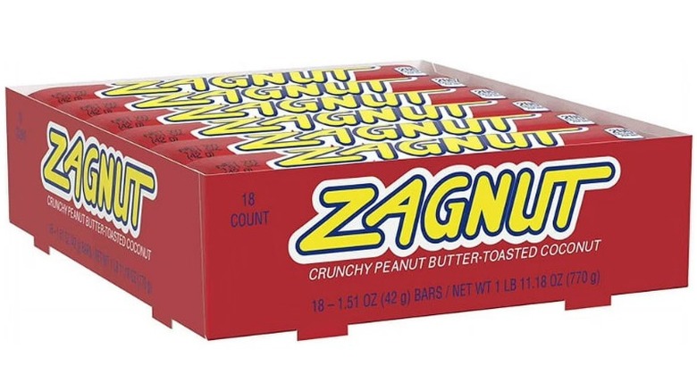 a red box of individually packaged zagnut chocolate bars