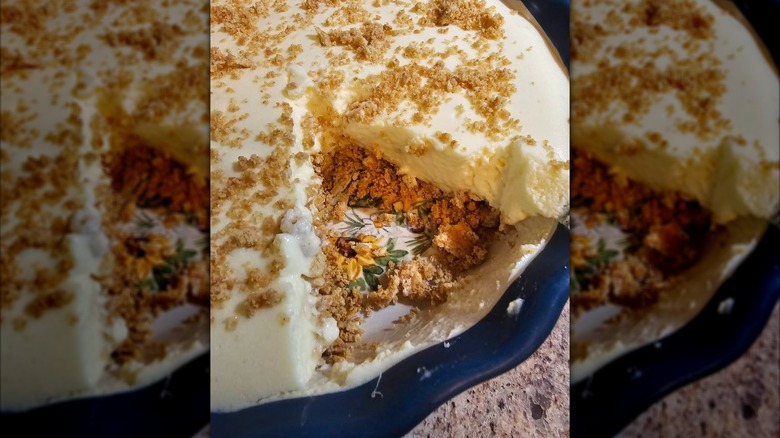 Closeup of lemon bisque with slice removed